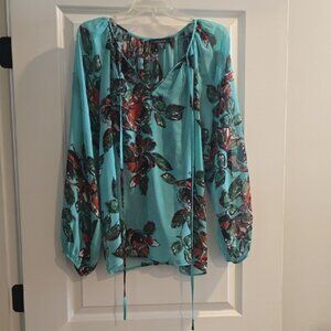 Karen Kane Teal and Red Floral Blouse